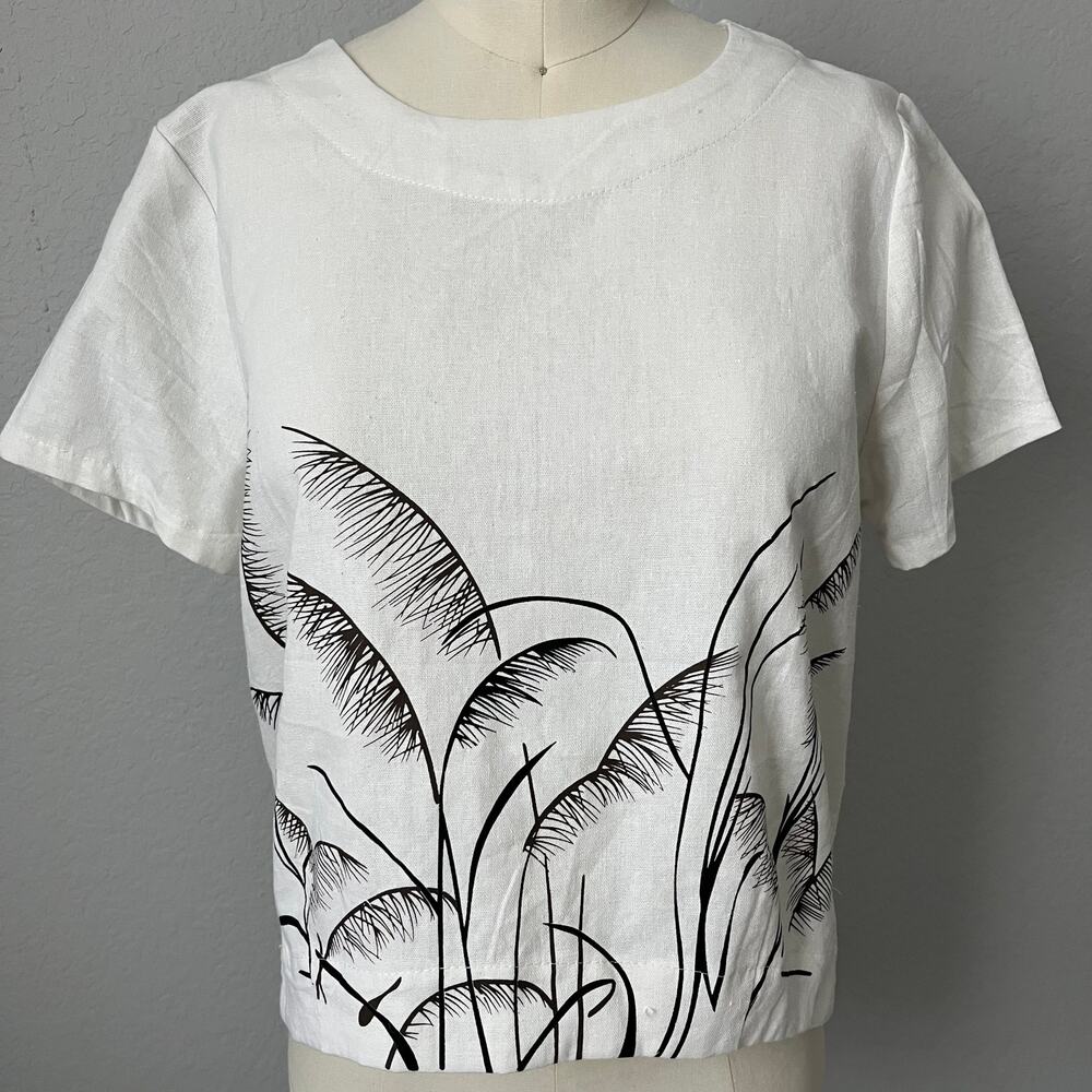 Minimalist Nature Print Crop Top - Linen Texture M